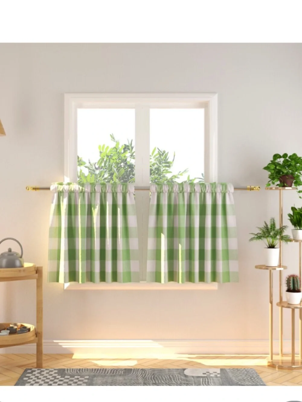 Farmhouse GINGHAM Buffalo Plaid Tier Curtains Rod Pocket 24” MINT GREEN & WHITE